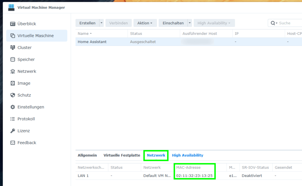 Home Assistant MAC Adresse von VM auf Synology rausfinden