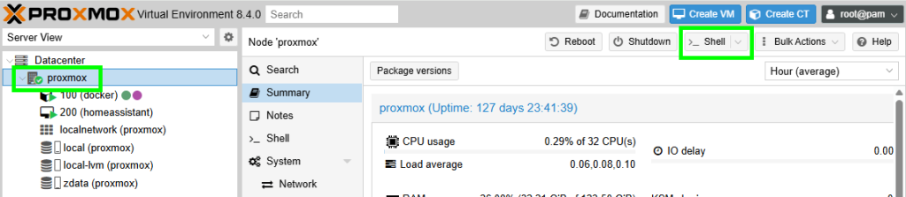 Proxmox Shell öffnen