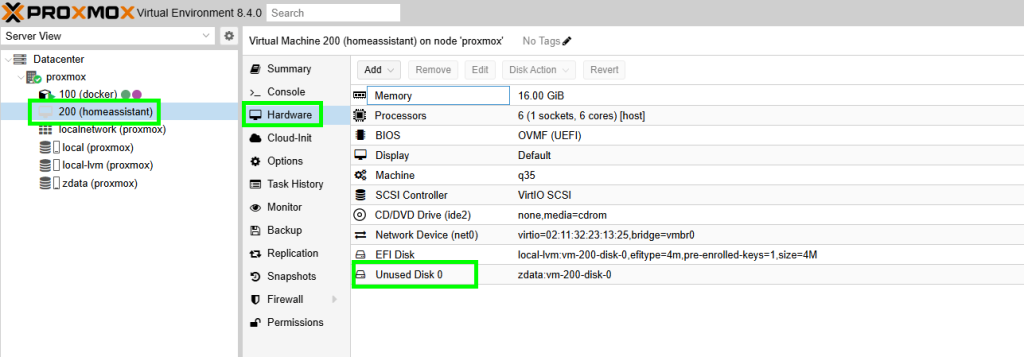 Proxmox importierte Disk für VM konfigurieren