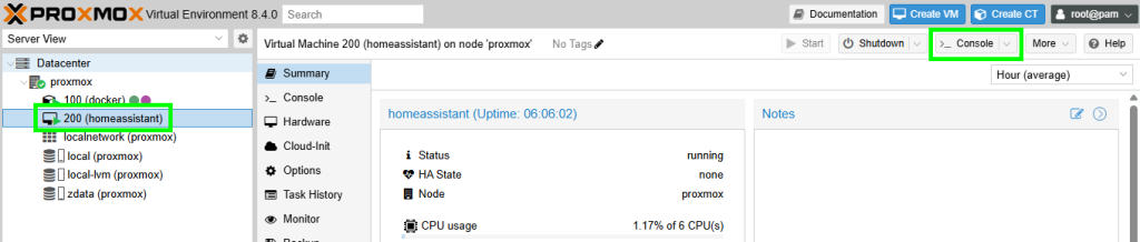 Proxmox Home Assistant VM Konsole öffnen